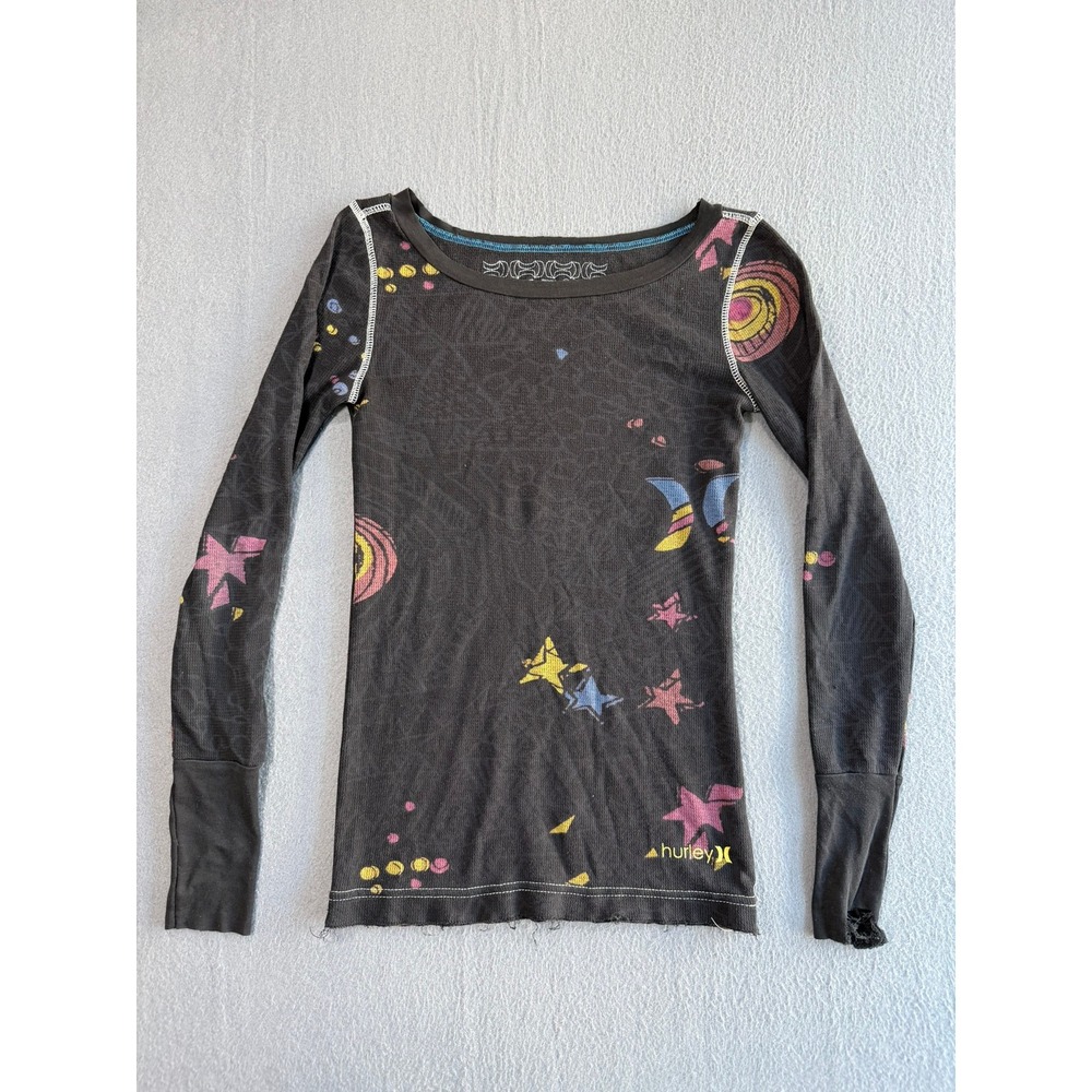 Hurley Womens Large Thermal Long Sleeve Shirt Waffle Knit Y2K Graphic Star Gray
